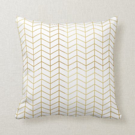 Herringbone Pattern Faux Gold Foil White Geometric Throw Pillow