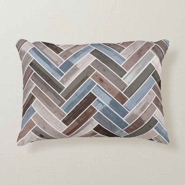 Herringbone Pattern in Blue Brown Grey Accent Pillow (Front)