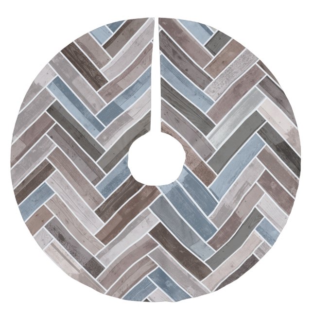 Herringbone Pattern in Blue Brown Grey Brushed Polyester Tree Skirt (Front)