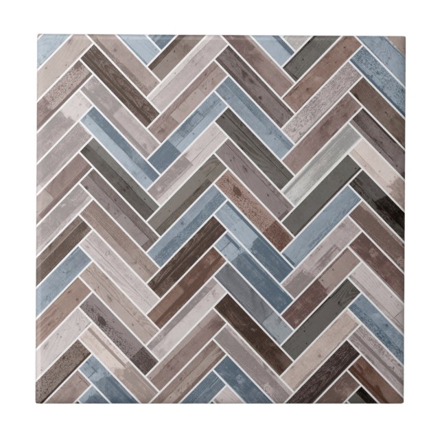 Herringbone Pattern in Blue Brown Grey Ceramic Tile (Front)