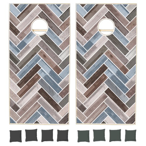 Herringbone Pattern in Blue Brown Grey Cornhole Set