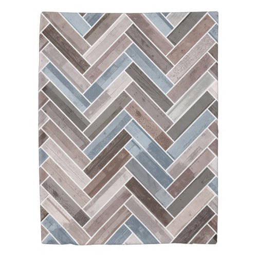 Herringbone Pattern in Blue Brown Grey Duvet Cover