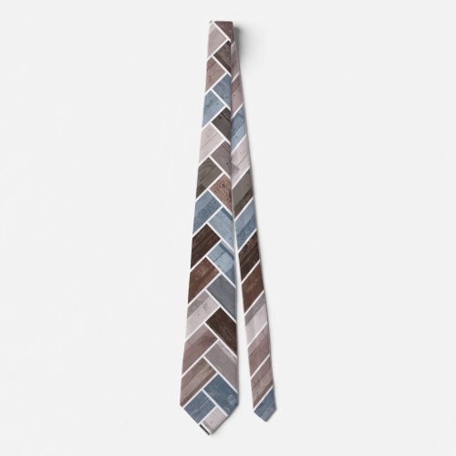 Herringbone Pattern in Blue Brown Grey Neck Tie