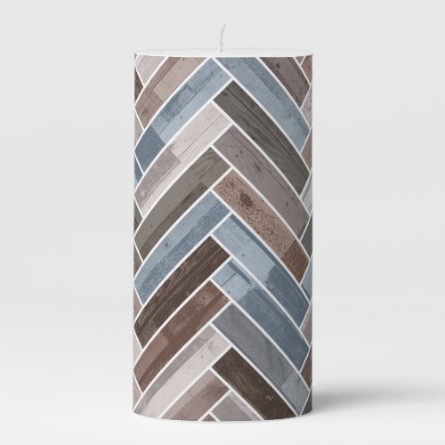 Herringbone Pattern in Blue Brown Grey Pillar Candle