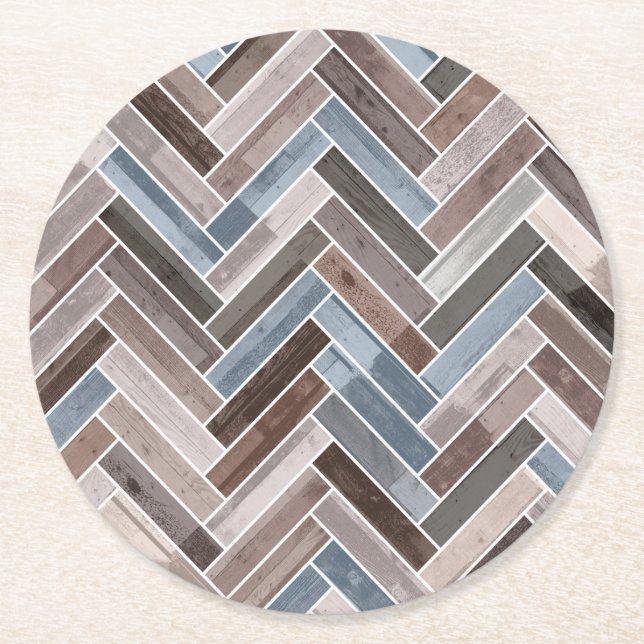 Herringbone Pattern in Blue Brown Grey Round Paper Coaster (Front)