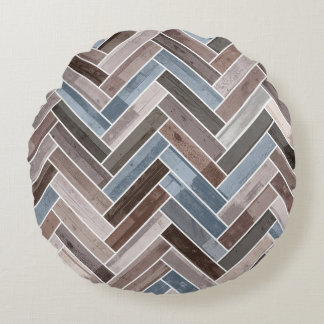 Herringbone Pattern in Blue Brown Grey Round Pillow