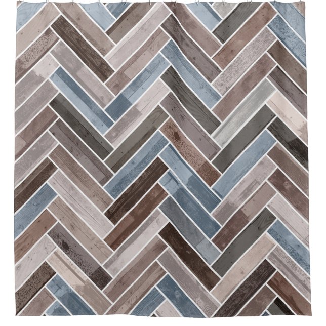 Herringbone Pattern in Blue Brown Grey Shower Curtain (Front)