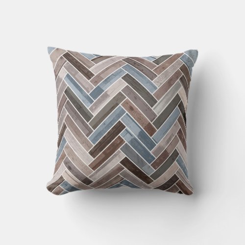 Herringbone Pattern in Blue Brown Grey Throw Pillow