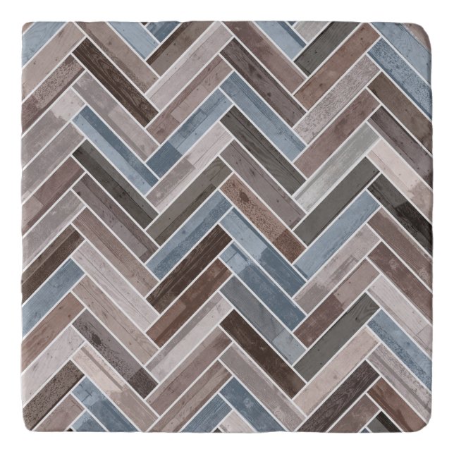Herringbone Pattern in Blue Brown Grey Trivet (Front)