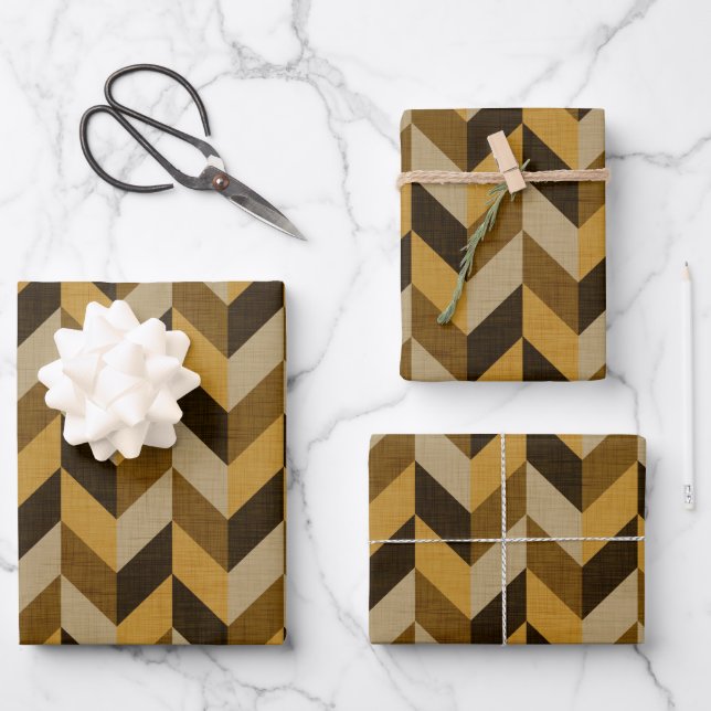 Herringbone pattern in golden & brown wrapping paper sheets (Front)