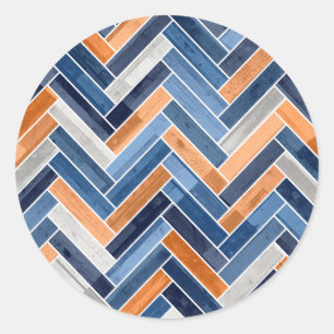 Herringbone Pattern in Navy Blue and Orange Classic Round Sticker