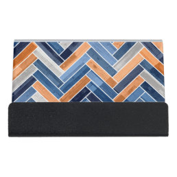 Herringbone Pattern in Navy Blue and Orange Desk Business Card Holder