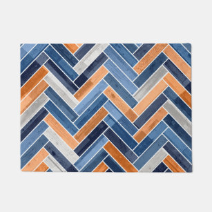 Herringbone Pattern in Navy Blue and Orange Doormat