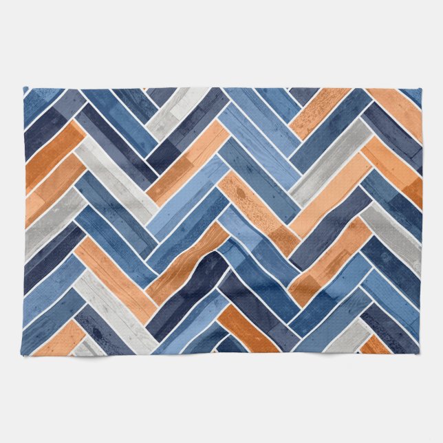 Herringbone Pattern in Navy Blue and Orange Kitchen Towel (Horizontal)