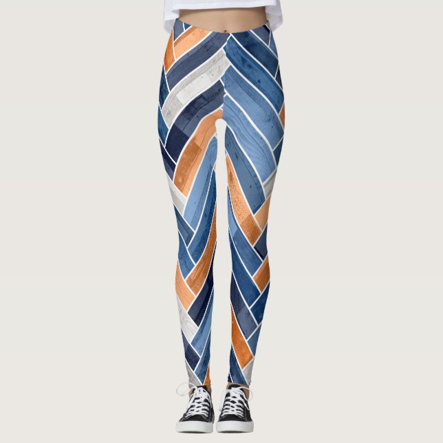 Herringbone Pattern in Navy Blue and Orange Leggings (Front)
