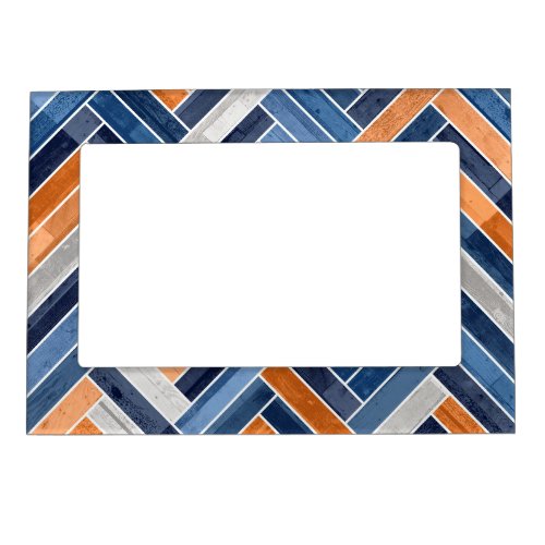 Herringbone Pattern in Navy Blue and Orange Magnetic Frame