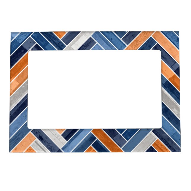 Herringbone Pattern in Navy Blue and Orange Magnetic Frame (Front)