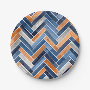 Herringbone Pattern in Navy Blue and Orange Paper Plates