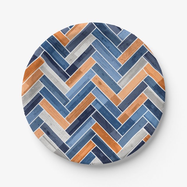 Herringbone Pattern in Navy Blue and Orange Paper Plates (Front)