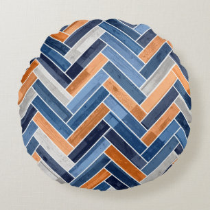 Herringbone Pattern in Navy Blue and Orange Round Pillow