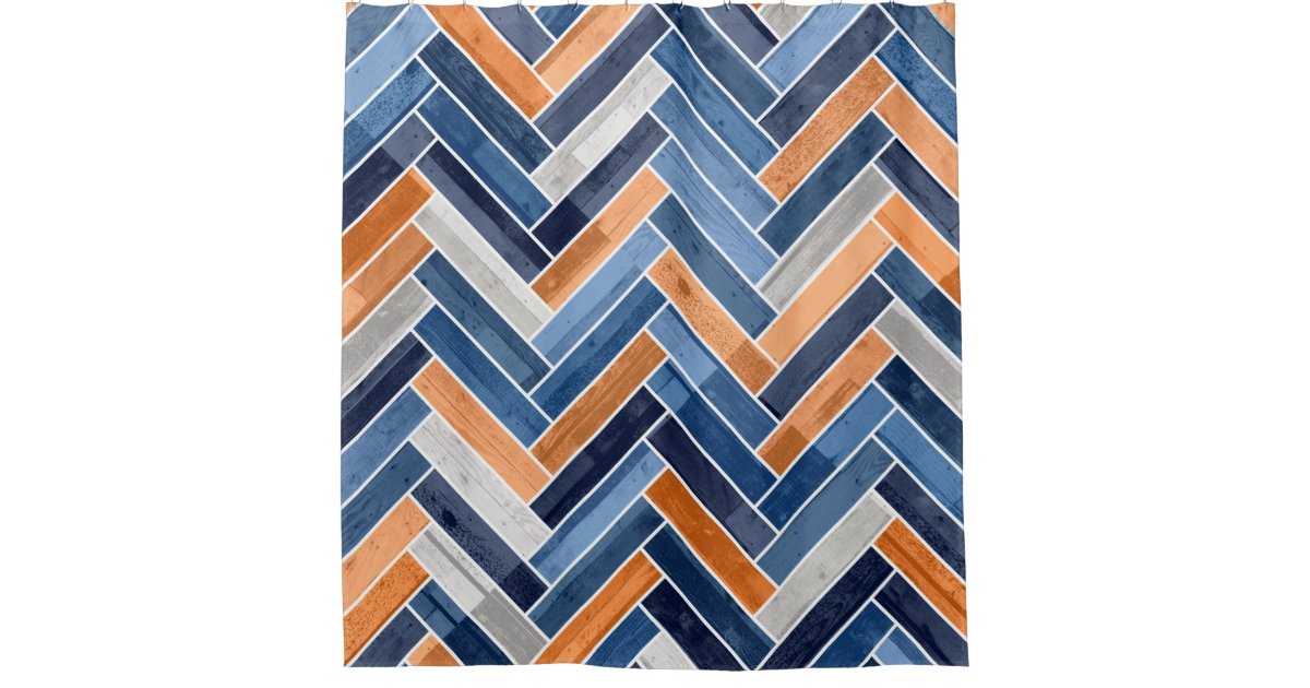 Herringbone Pattern in Navy Blue and Orange Shower Curtain Zazzle