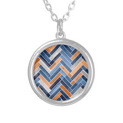 Herringbone Pattern in Navy Blue and Orange Silver Plated Necklace