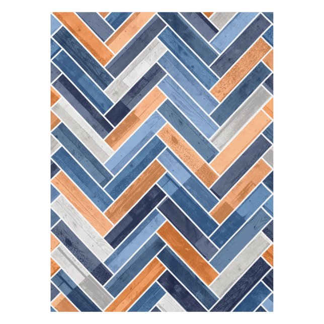 Herringbone Pattern in Navy Blue and Orange Tablecloth (Front)