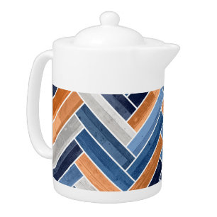 Herringbone Pattern in Navy Blue and Orange Teapot