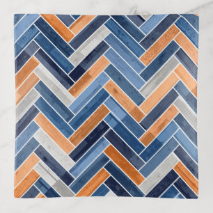 Herringbone Pattern in Navy Blue and Orange Trinket Tray