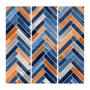 Herringbone Pattern in Navy Blue and Orange Triptych