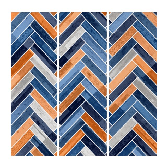 Herringbone Pattern in Navy Blue and Orange Triptych (Front)