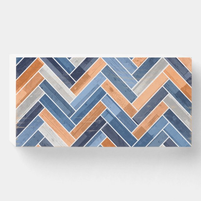 Herringbone Pattern in Navy Blue and Orange Wooden Box Sign (Front Horizontal)