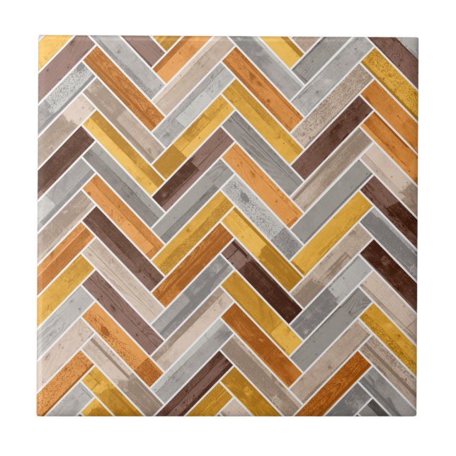 Herringbone Pattern in Orange Brown Grey Ceramic Tile (Front)