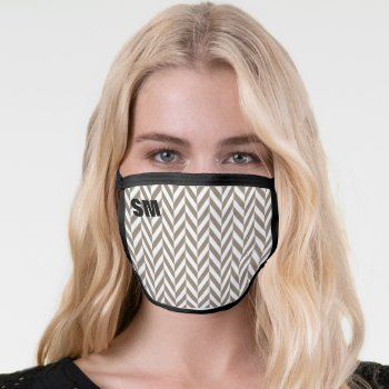 Herringbone Pattern Monogram Tan And White Face Mask by timelesscreations at Zazzle