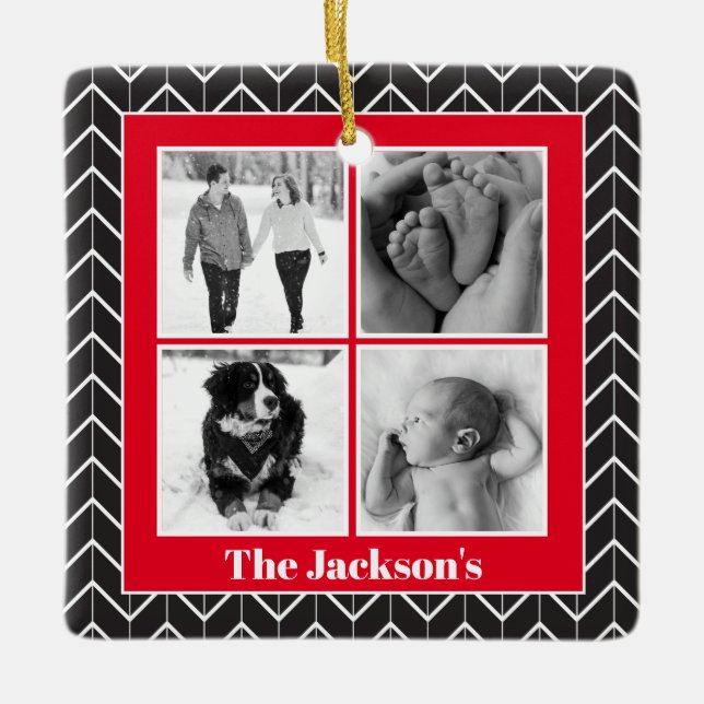 Herringbone Photo Collage Modern Christmas Ceramic Ornament (Front)