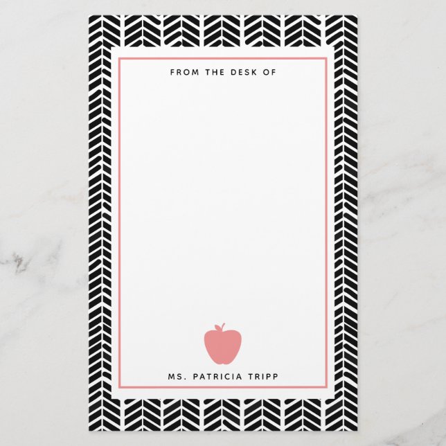 Herringbone Pink Apple Boho Teacher Personalized Stationery (Front)