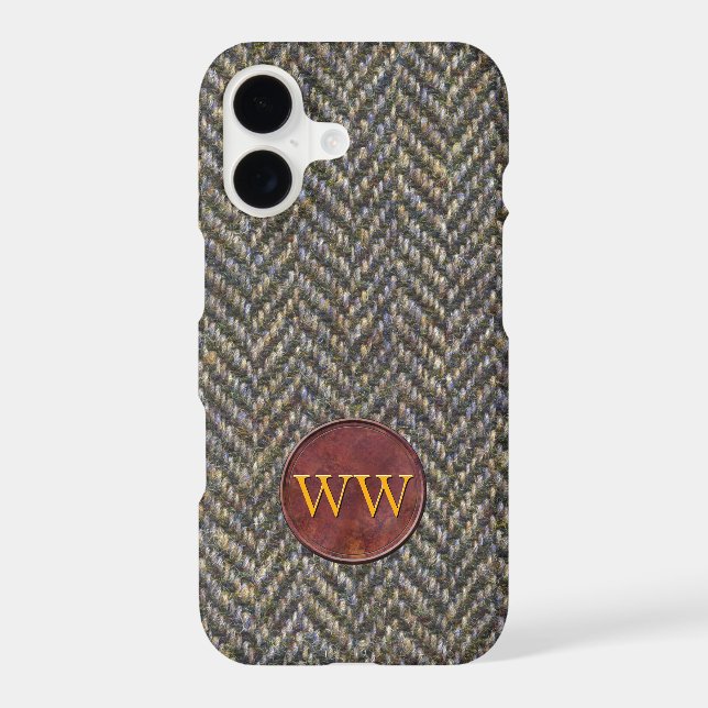 Herringbone Tweed and Leather Monogram Iphone Case (Back)