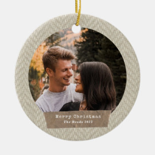 Herringbone Tweed Christmas Photo Torn Paper Ceramic Ornament