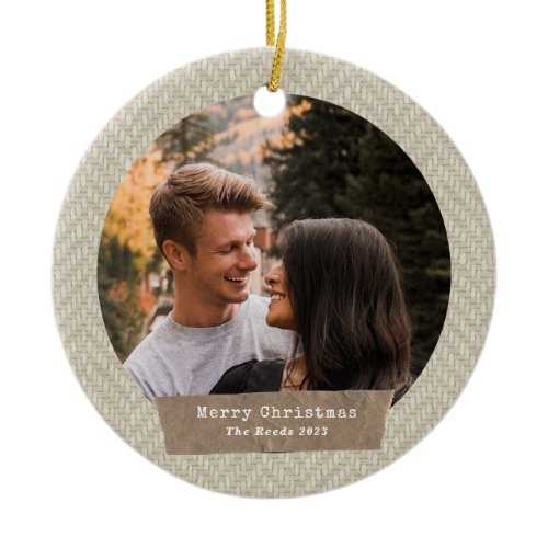 Herringbone Tweed Christmas Photo Torn Paper Ceramic Ornament