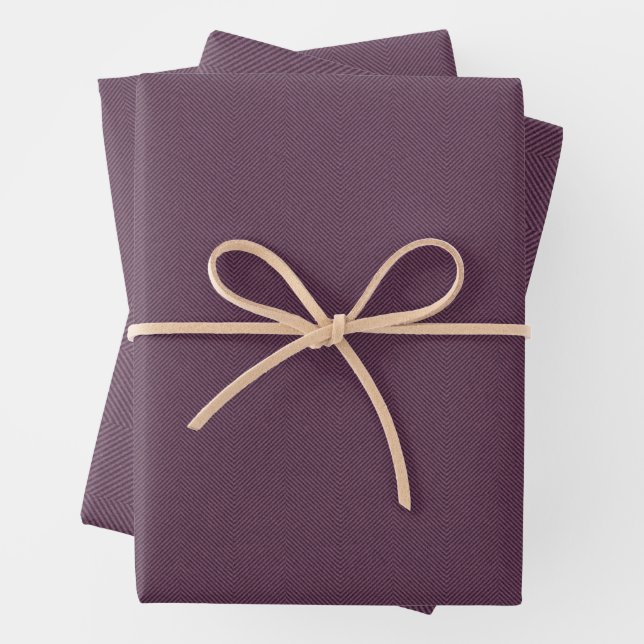 Herringbone tweed classic plum purple holiday wrapping paper sheets (In situ)