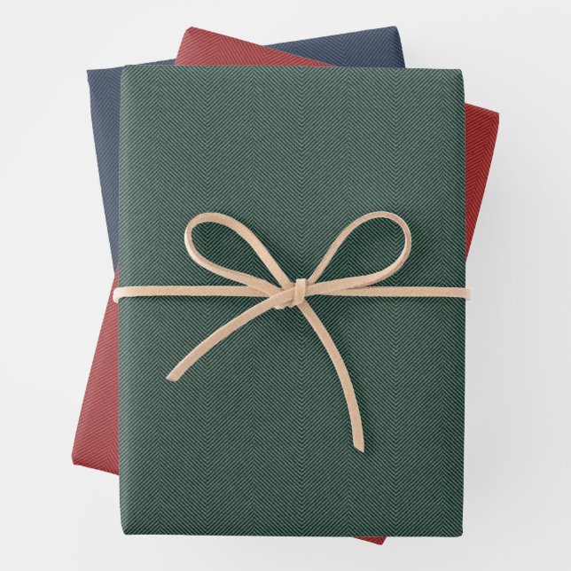 Herringbone tweed classic red green blue Christmas Wrapping Paper Sheets (In situ)