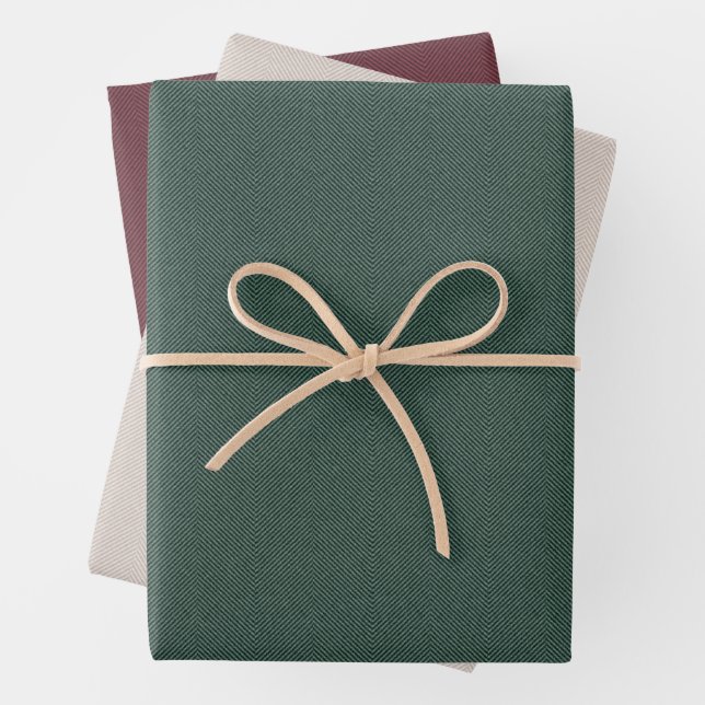 Herringbone tweed effect burgundy green natural wrapping paper sheets (In situ)