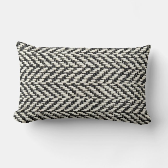 Herringbone Tweed Rustic Black & White Knit Print Lumbar Pillow (Front)