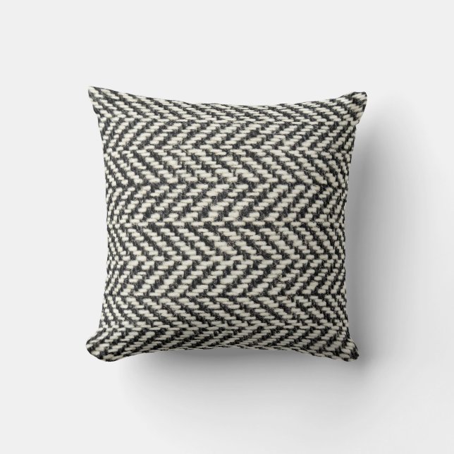 Herringbone Tweed Rustic Black & White Knit Print Throw Pillow (Front)