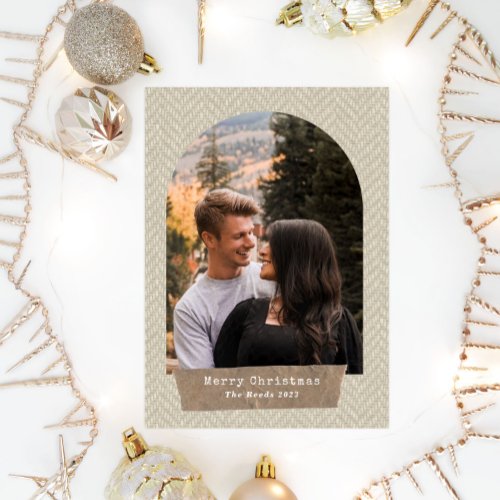 Herringbone Tweed Torn Paper Arch Christmas Photo  Holiday Card