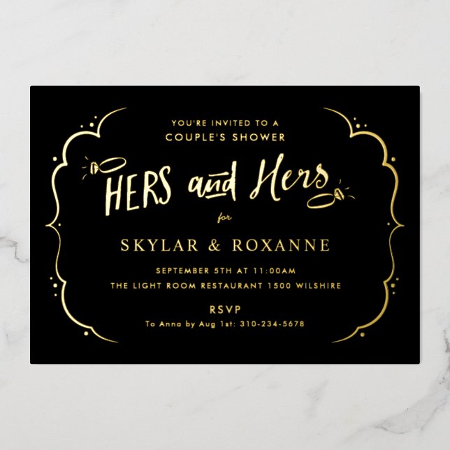 Hers and Hers Gay Couples Shower Gold Foil Invitation (Front)