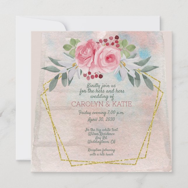 Hers and Hers Pink Roses and Gold Geometric  (Front)