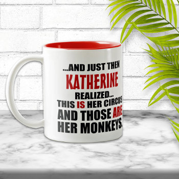 (hers) Funny Personalized Circus Monkeys Two-tone Coffee Mug by reflections06 at Zazzle