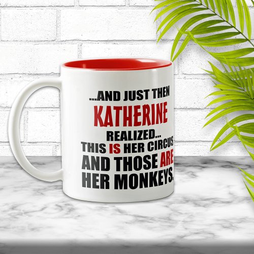 Hers Funny Personalized Circus Monkeys Two_Tone Coffee Mug