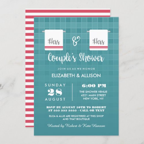 Hers  Hers  Blue  Red Lesbian Couples Shower Invitation